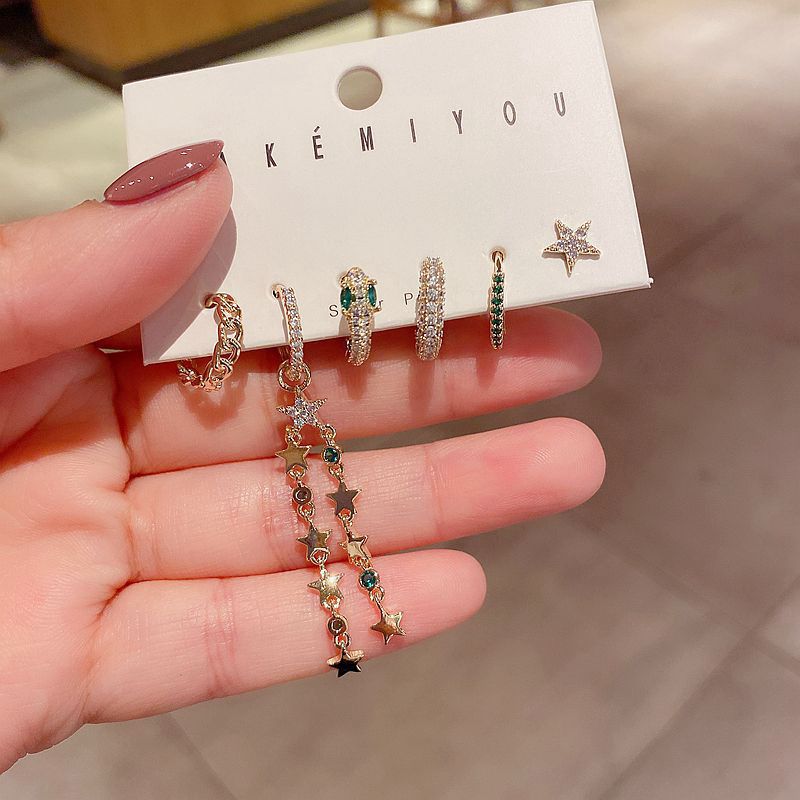 Light luxury green diamond star Tassel Earrings