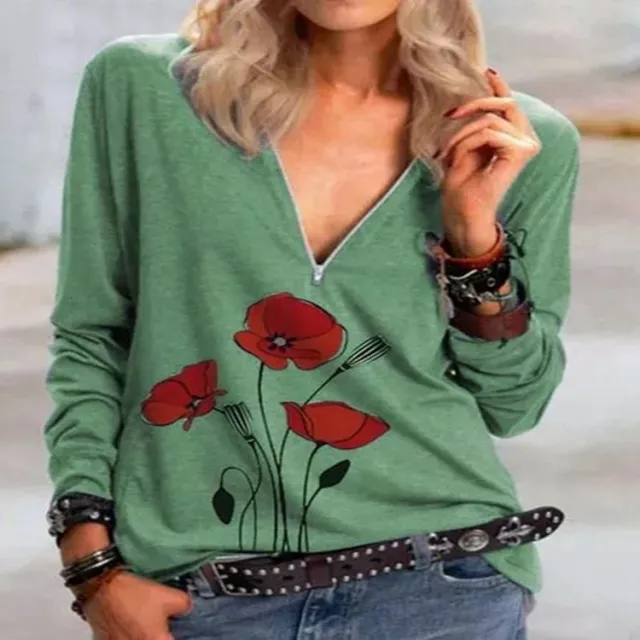 Autumn long sleeved printed V neck sweater Green - Shop at LoveMi