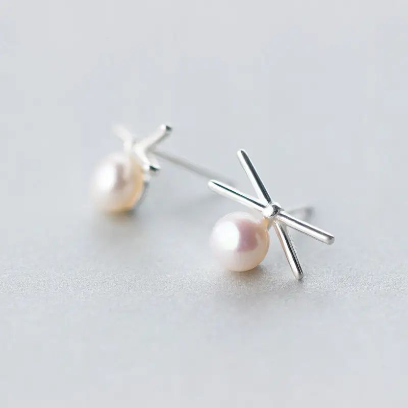 Cross Line Pearl Stud Earrings