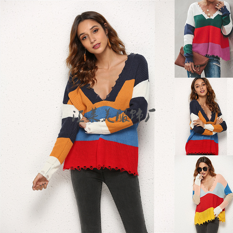 Ripped stitching sweater V-neck knitted sweater