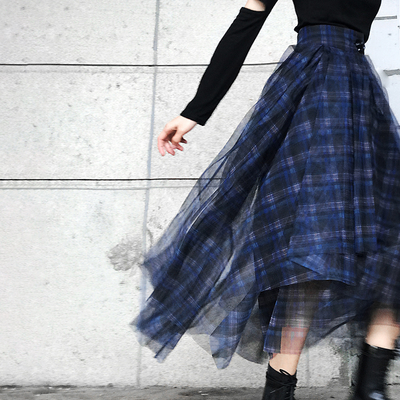 High waisted Plaid mesh multi-layer skirt