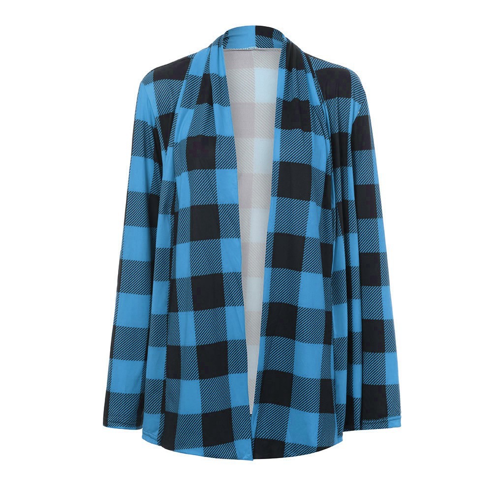 Ladies mid-length plaid print long-sleeved shawl cardigan jacket