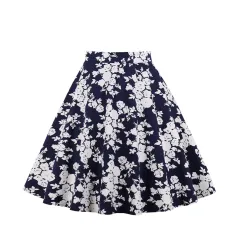 A-line skirt with rose flower animal print - Navy Blue White - View 1