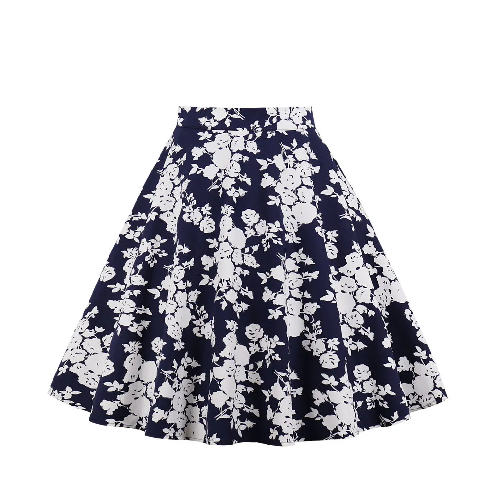 A-line skirt with rose flower animal print - Navy Blue White