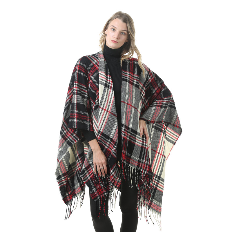 Women's cashmere slit plaid shawl