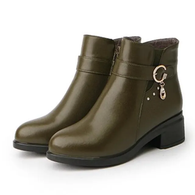 Leather short boots thick heel Plush wool cotton boots Green - Shop at LoveMi
