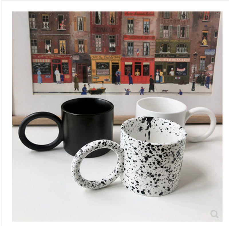 Simple black dot splash ink big ear ceramic mug