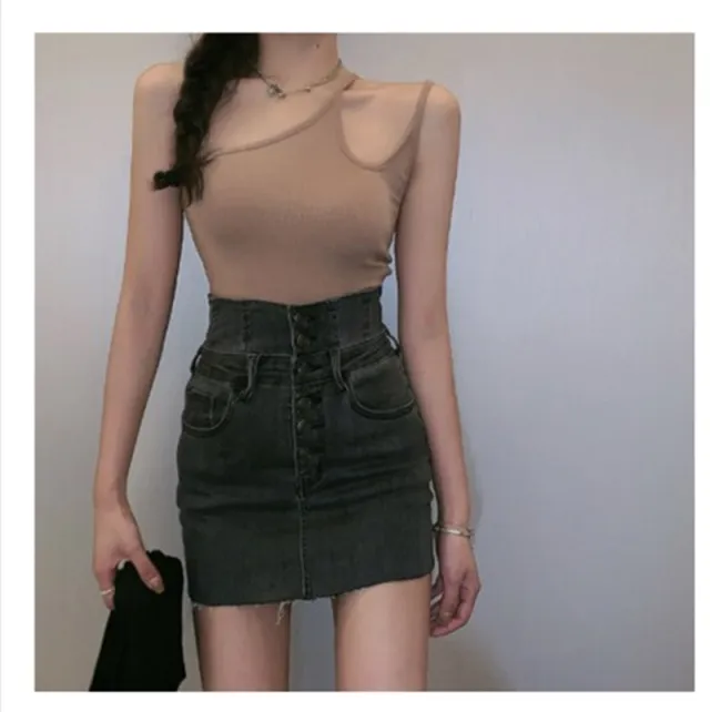 Three piece short sleeveless jacket and denim skirt Khaki - Shop at LoveMi