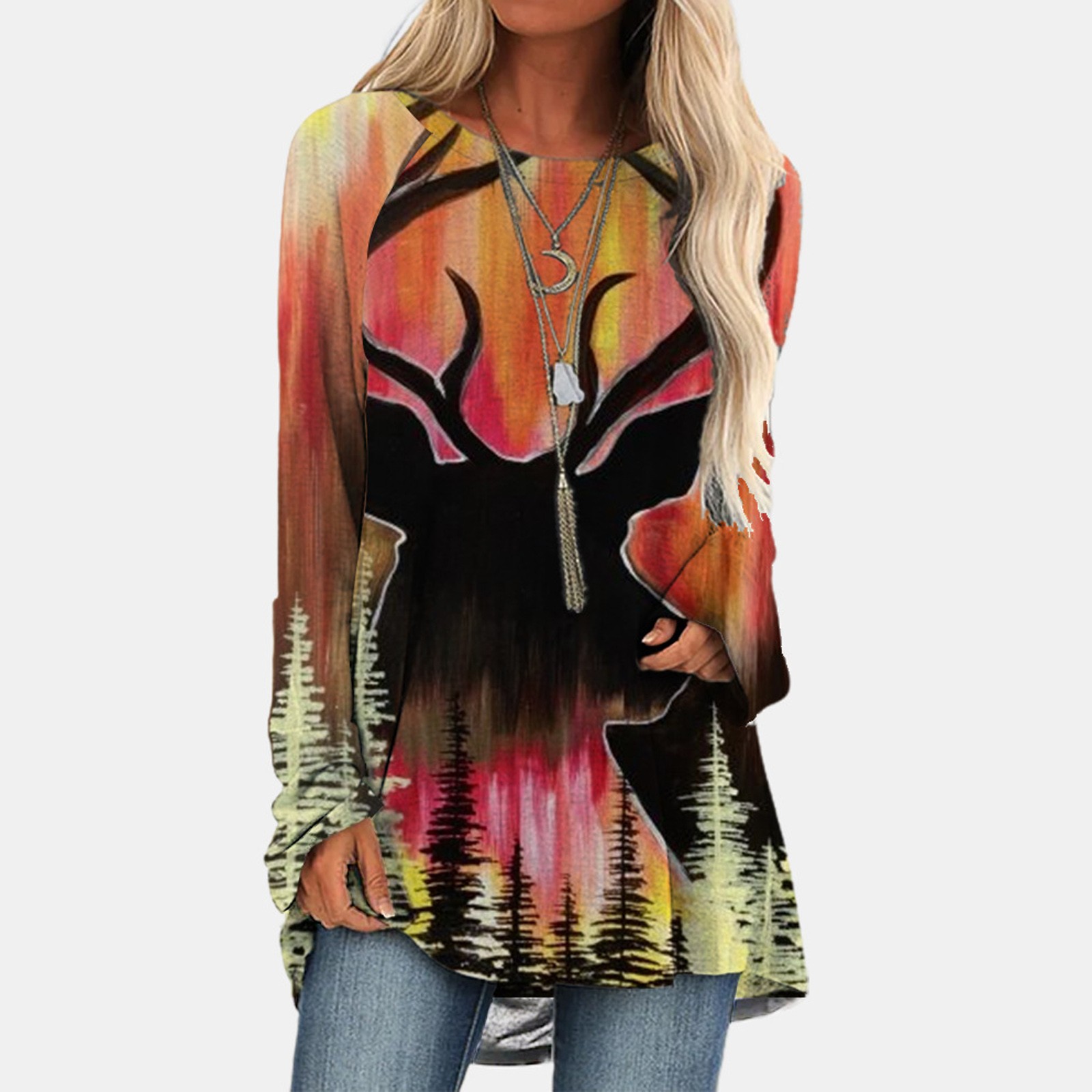 Crew neck forest digital print long sleeve T-shirt