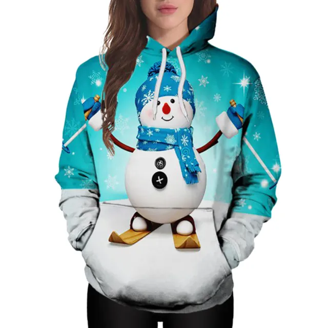 Christmas Snowman Digital Print Hooded Sweatshirt Blue - Shop at LoveMi