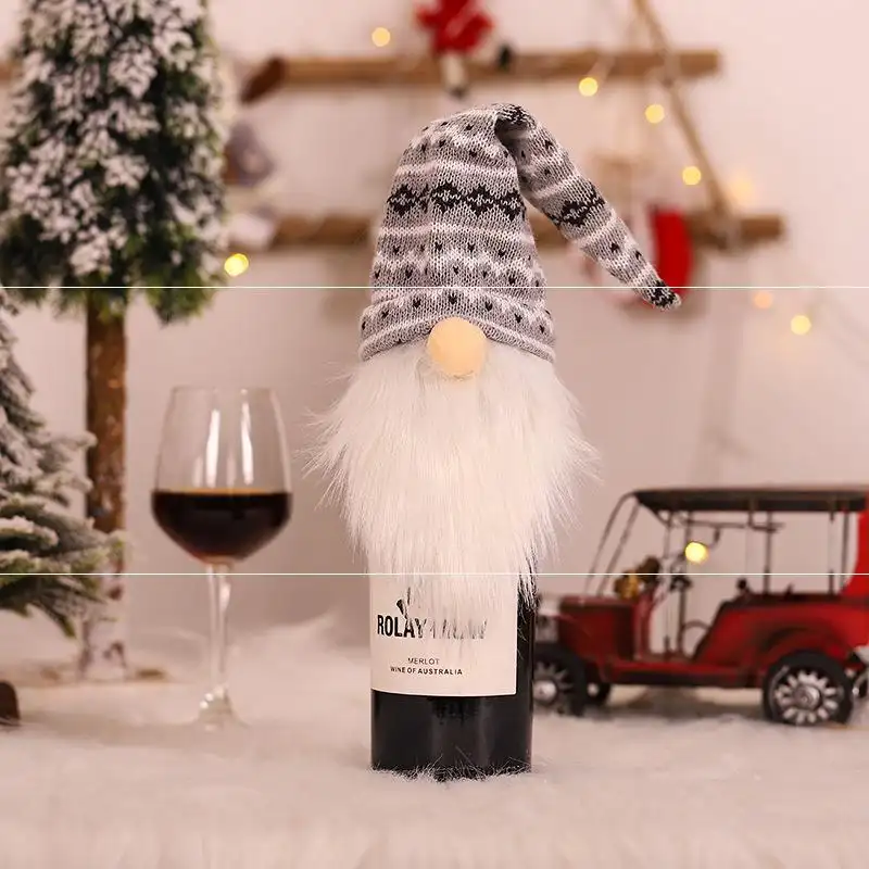 Christmas ornaments faceless elderly knitted wool wine bottle cover holiday table decoration