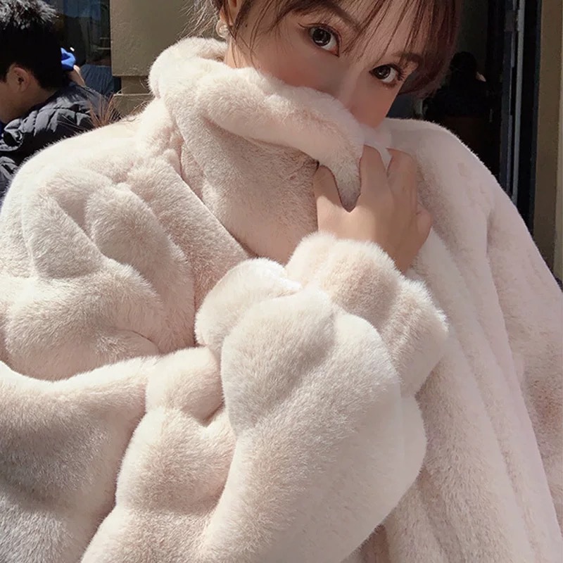 Korean small stand up collar imitation rabbit fur coat women Creamy White - Shop at LoveMi