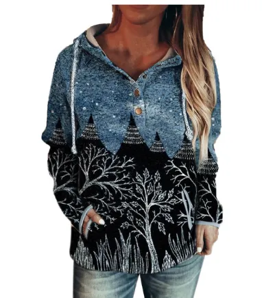 Landscape print V neck hooded women's clothing 10Style Xxl - Shop at LoveMi
