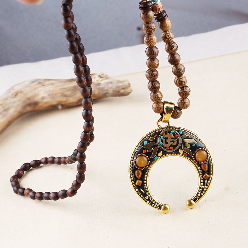 Vintage wooden bead necklace Nepal style pendant