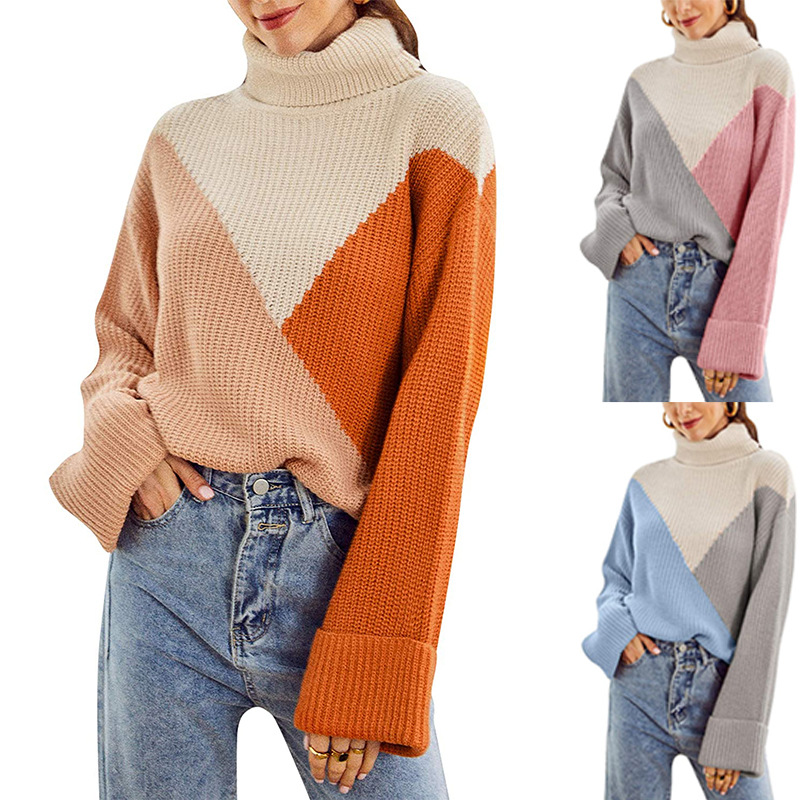 Long-sleeved stitching turtleneck sweater