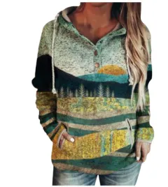 Landscape print V-neck hooded women's clothing - 13Style - View 1