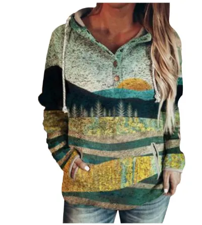 Landscape print V neck hooded women's clothing 13Style - Shop at LoveMi
