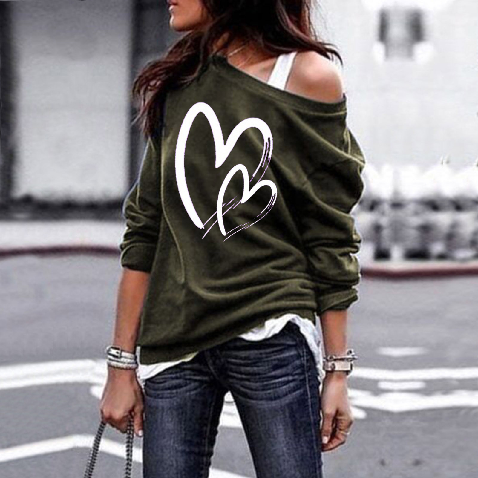 Fashion round neck print long sleeve top