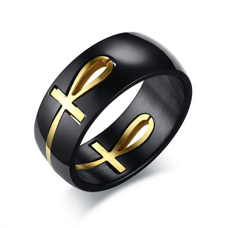 Separable Ankh Egyptian Cross Ring Men Personalized Black Gold