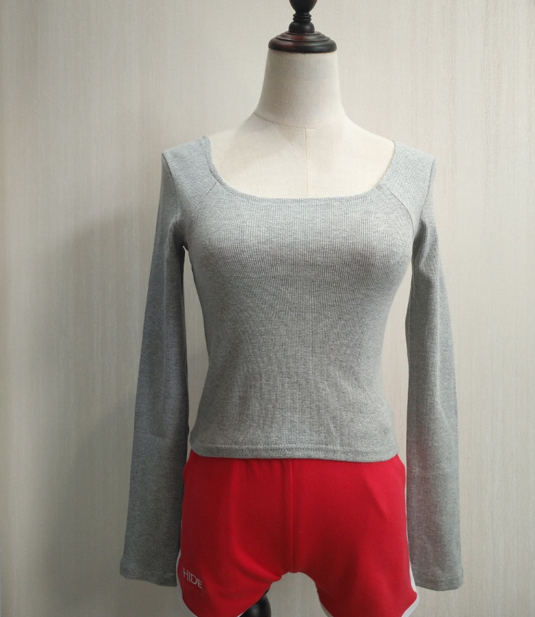 European and American style fashion versatile long-sleeved umbilical high waist thread slim solid color cotton T-shirt