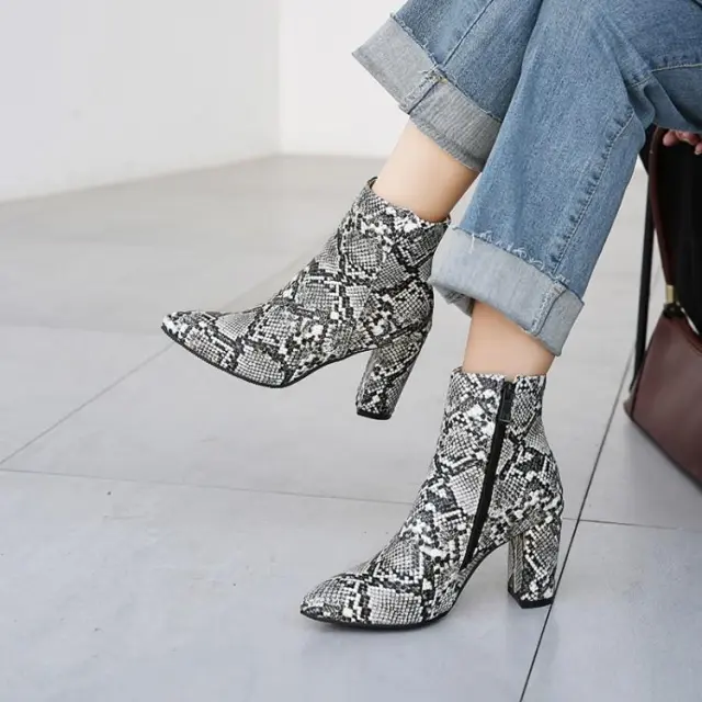 Martin boots snake print thick heel ankle boots Grey - Shop at LoveMi