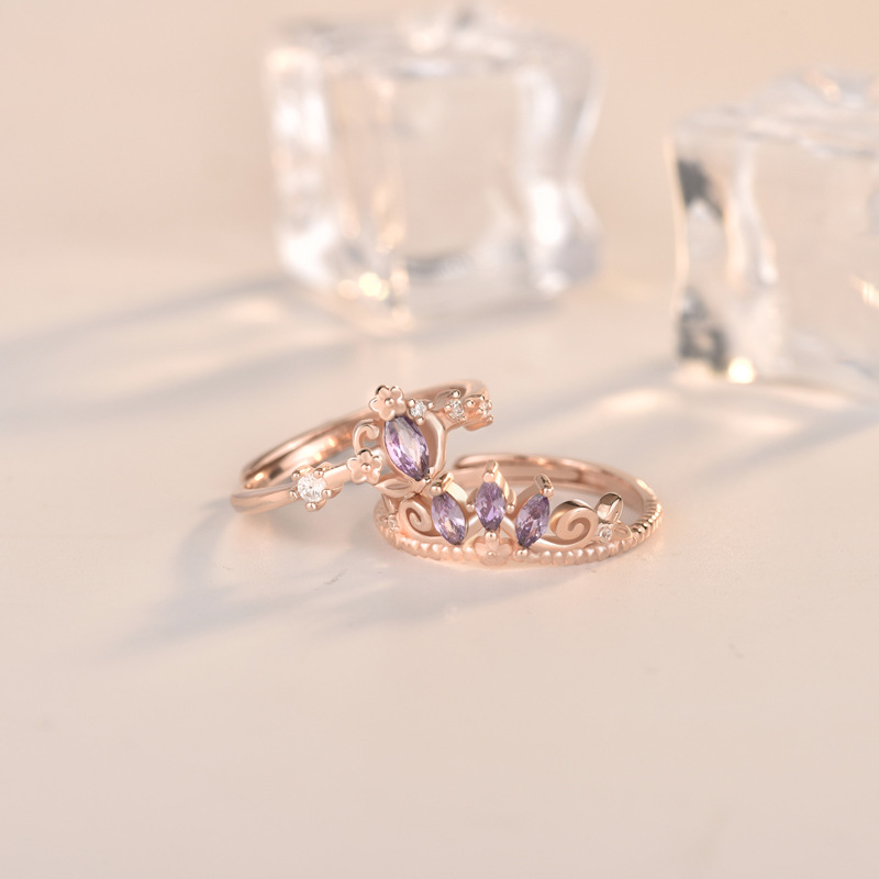 Two sterling silver amethyst diamond ring