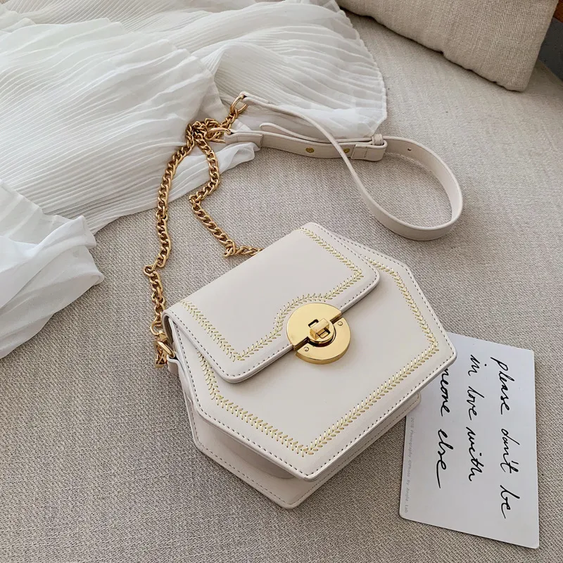 Fashion sewing chain hexagon small square bag - White