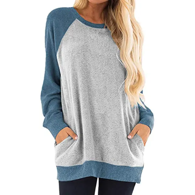Round neck solid color stitching long sleeve top Blue - Shop at LoveMi