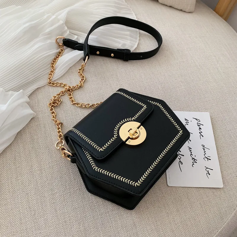 Fashion sewing chain hexagon small square bag - Black