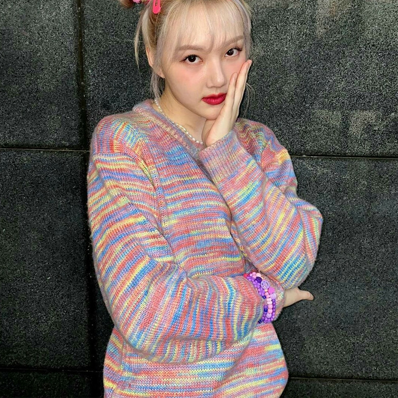 Cherry embroidery rainbow stripe pullover sweater
