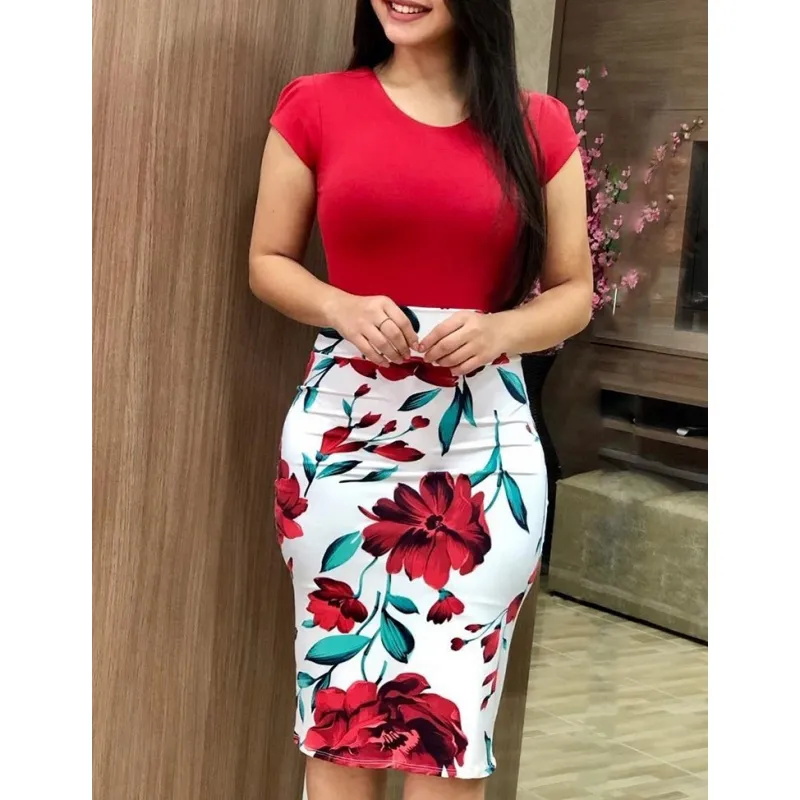 Color block flower bag hip dress - Red