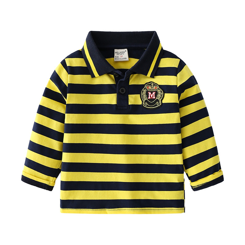 Spring and autumn striped long sleeve polo shirt in Navy Yellow Stripe