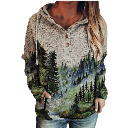 Landscape print V-neck hooded women's clothing