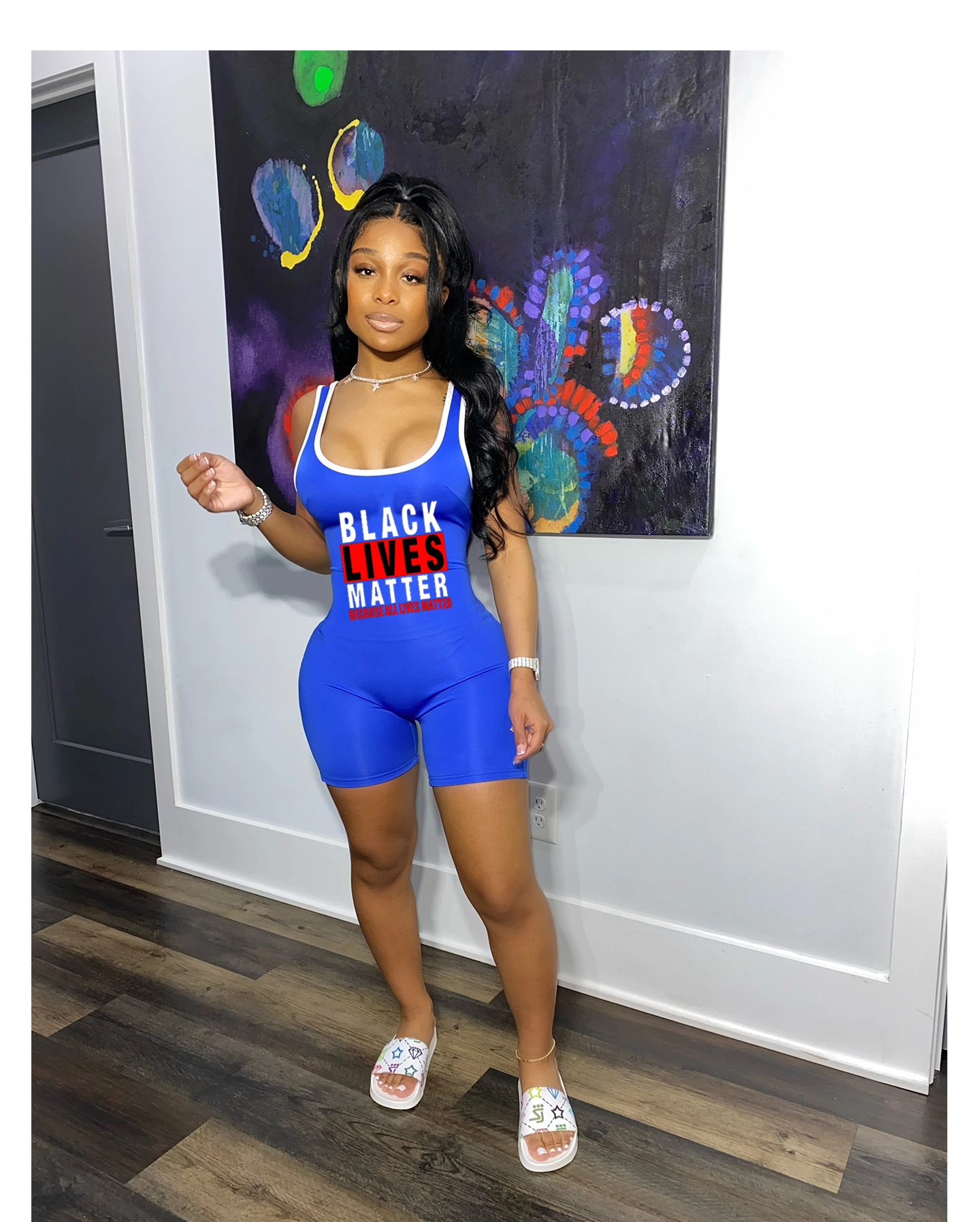 Letter print tank top jumpsuit Blue - Shop at LoveMi