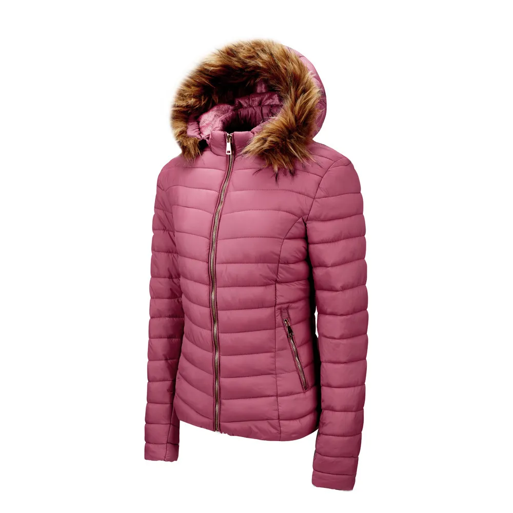 Women's fur collar cotton hooded jacket - Red