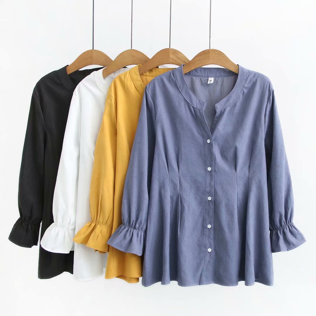 V-neck flared sleeve loose solid color shirt