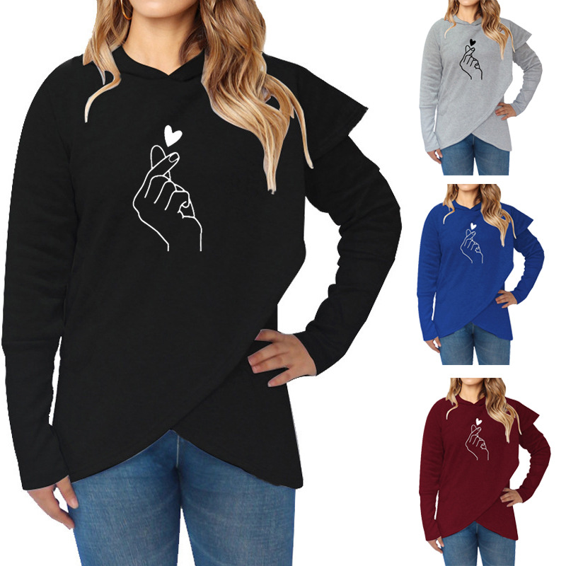 Irregular Hooded Hoodie with Bi-Heart Printed Fleece