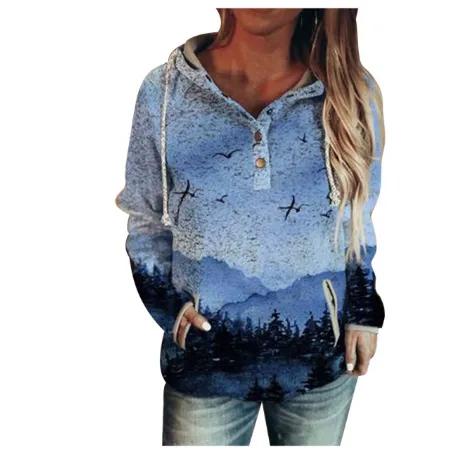Landscape print V neck hooded women's clothing 15Style Xl - Shop at LoveMi