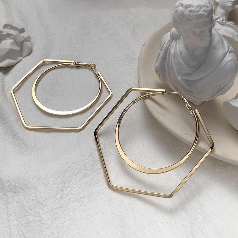 Exaggerated irregular hexagon geometric metal circle earrings