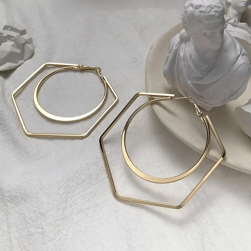 Exaggerated irregular hexagon geometric metal circle earrings