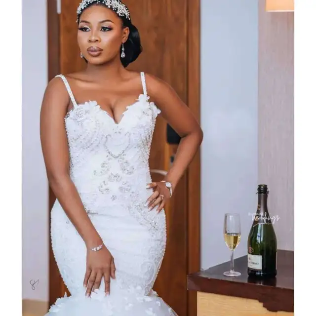Lace sleeveless big tail style African bridal wedding dress White - Shop at LoveMi