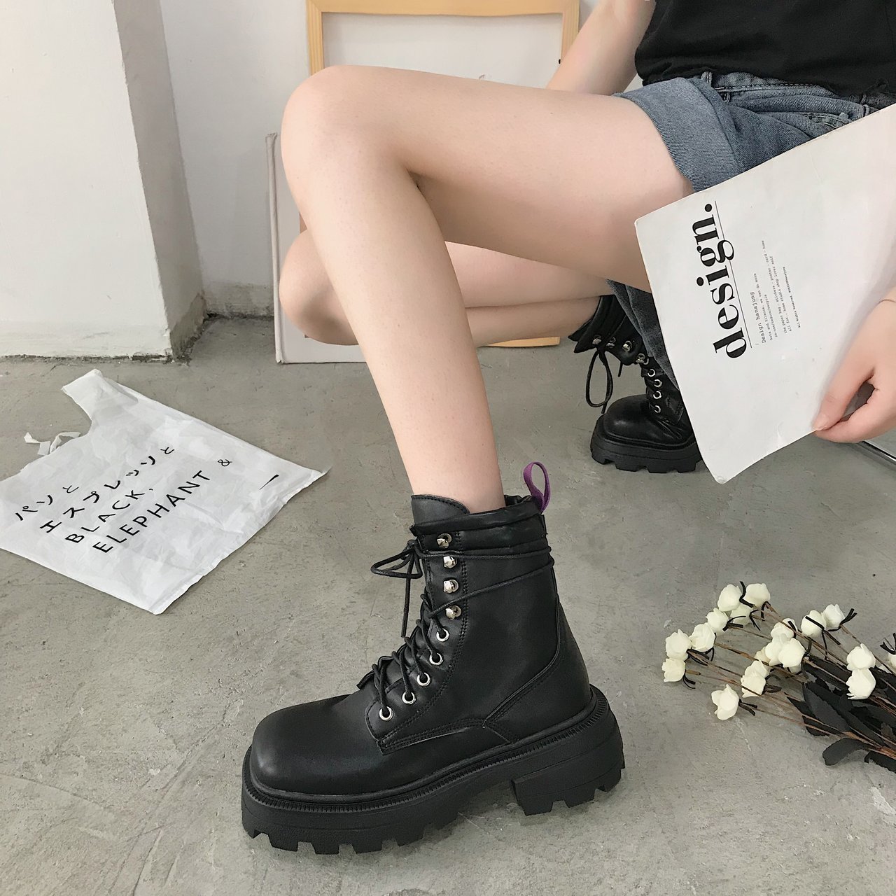 Square toe platform mid-heel lace-up fashion boots