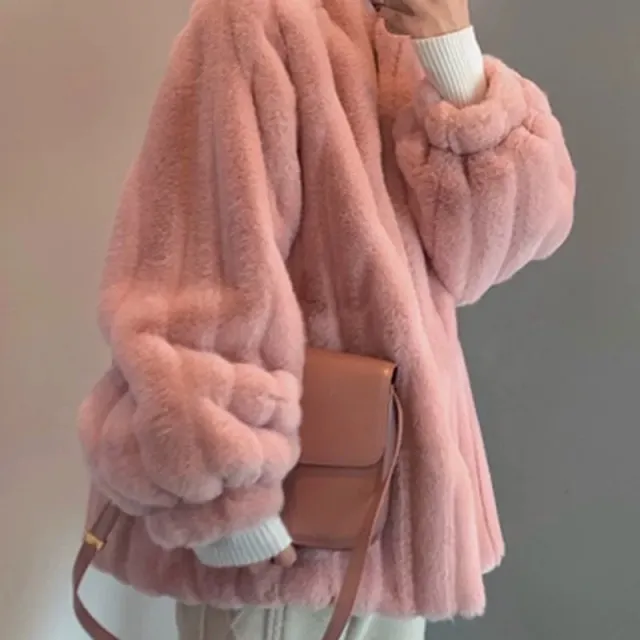 Korean small stand up collar imitation rabbit fur coat women Pink - Shop at LoveMi