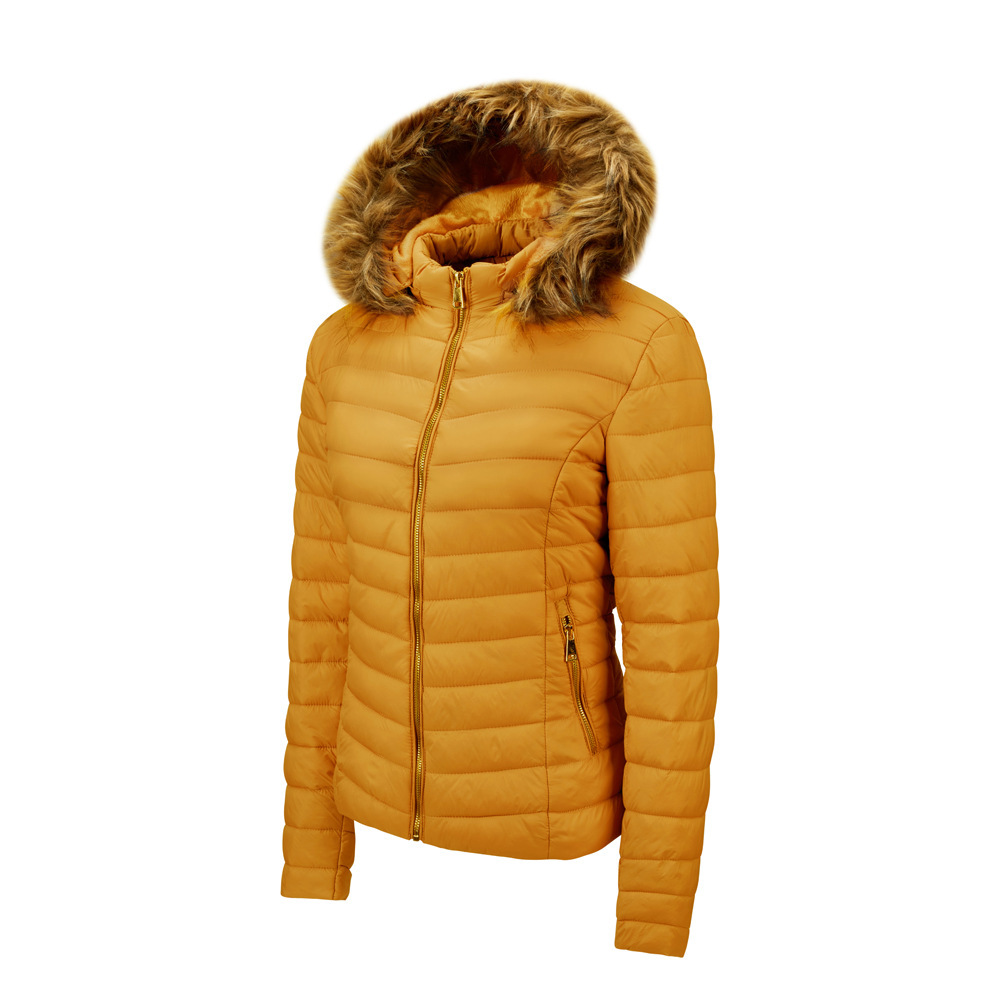 Women's fur collar cotton hooded jacket Yellow - Shop at LoveMi
