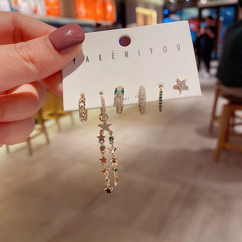 Light luxury green diamond star Tassel Earrings