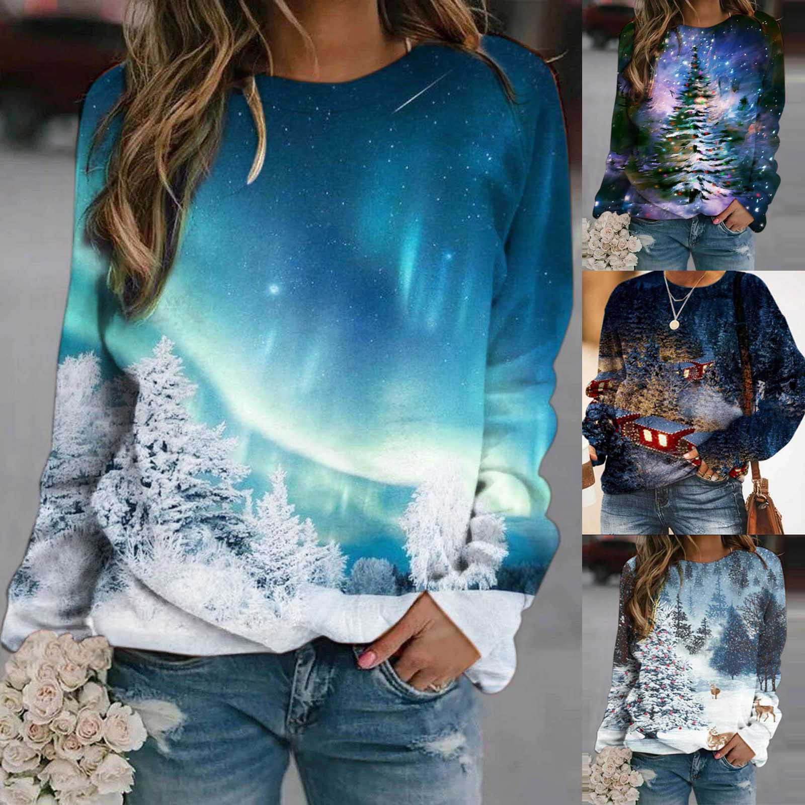 Christmas hot style women's round neck print long sleeve