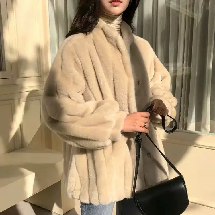 Korean small stand-up collar imitation rabbit fur coat women