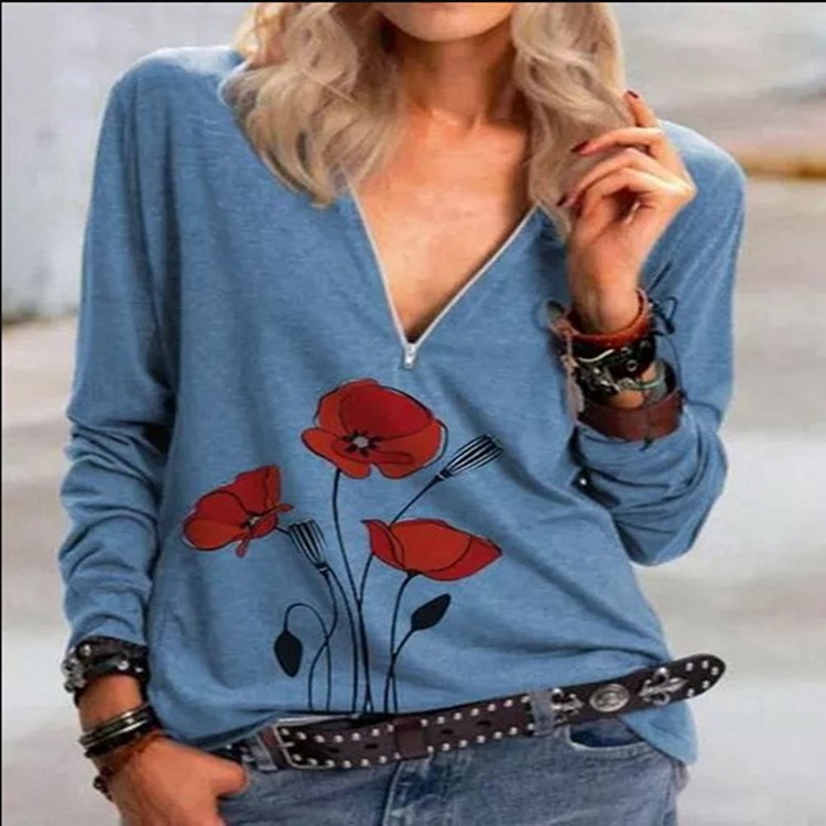 Autumn long sleeved printed V neck sweater Blue - Shop at LoveMi