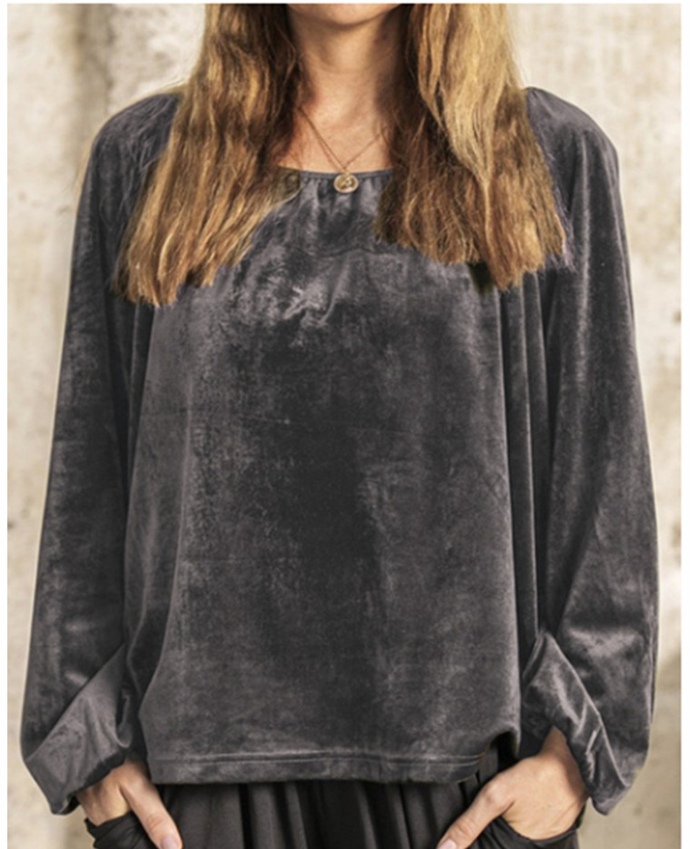 Round neck pullover pleated lantern sleeve velvet top