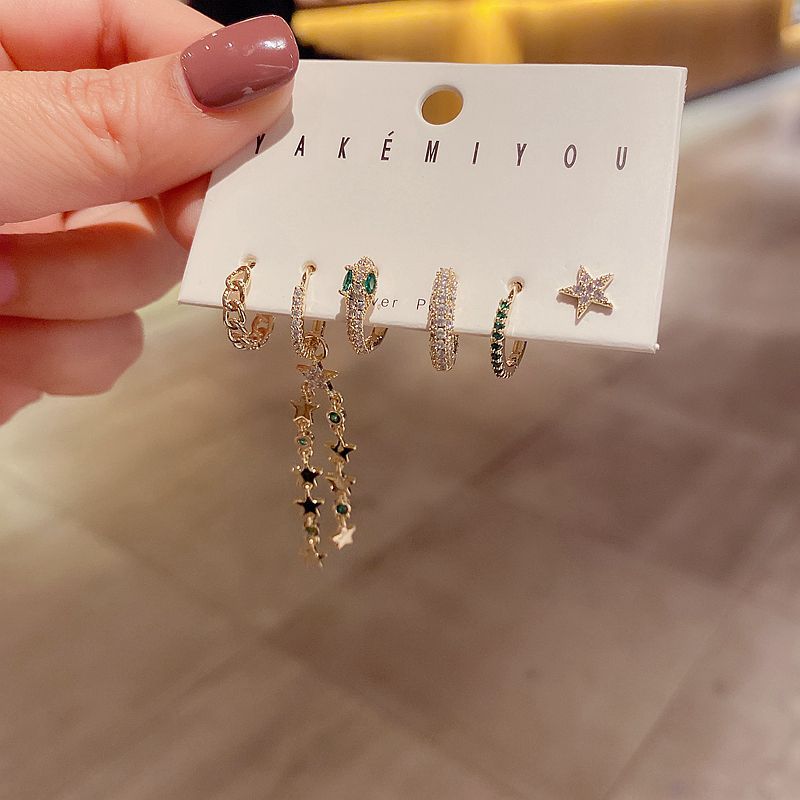 Light luxury green diamond star Tassel Earrings